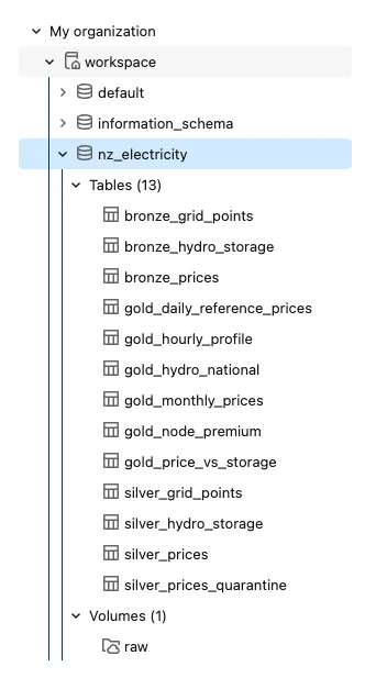 Databricks Catalog Explorer tree: the nz_electricity schema with its thirteen bronze, silver and gold tables and the raw volume
